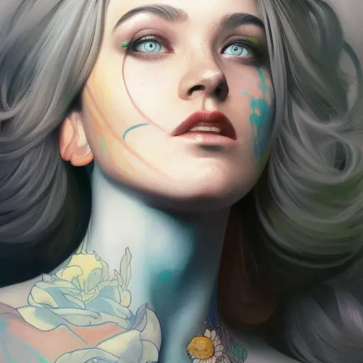 Colorful painting of a tattooed Anne marie on grey scale face, 4k, Highly Detailed, Hyper Detailed, Powerful, Artstation, Vintage Illustration, Digital Painting, Sharp Focus, Smooth, Concept Art by Stanley Artgerm Lau, Alphonse Mucha, Greg Rutkowski