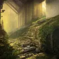 The ruins of a once great city, mist, sunrays, cobble stone stairs, buildings crumbling, overgrown, 4k, Foreboding, HDR, High Resolution, DnD, Octane Render, Unreal Engine, Dynamic Lighting, Digital Art by Stanley Artgerm Lau, Thomas Kinkade, Alphonse Mucha, Norman Rockwell, Greg Rutkowski