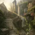 The ruins of a once great city, mist, sunrays, cobble stone stairs, buildings crumbling, overgrown, 4k, Foreboding, HDR, High Resolution, DnD, Octane Render, Unreal Engine, Dynamic Lighting, Digital Art by Stanley Artgerm Lau, Thomas Kinkade, Alphonse Mucha, Norman Rockwell, Greg Rutkowski