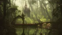 A huge magical pond surrounded by a dense forest, Highly Detailed, Intricate, Artstation, Gothic and Fantasy, Vintage Illustration, Digital Painting, Matte Painting, D&D, Hearthstone, Sharp Focus, Concept Art, Elegant by Alphonse Mucha, Andreas Rocha, Greg Rutkowski