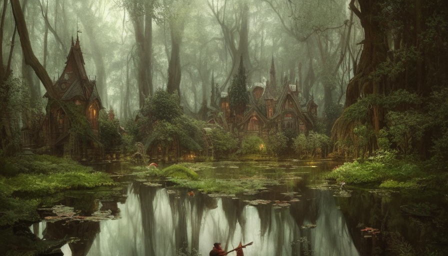 A huge magical pond surrounded by a dense forest, Highly Detailed, Intricate, Artstation, Gothic and Fantasy, Vintage Illustration, Digital Painting, Matte Painting, D&D, Hearthstone, Sharp Focus, Concept Art, Elegant by Alphonse Mucha, Andreas Rocha, Greg Rutkowski