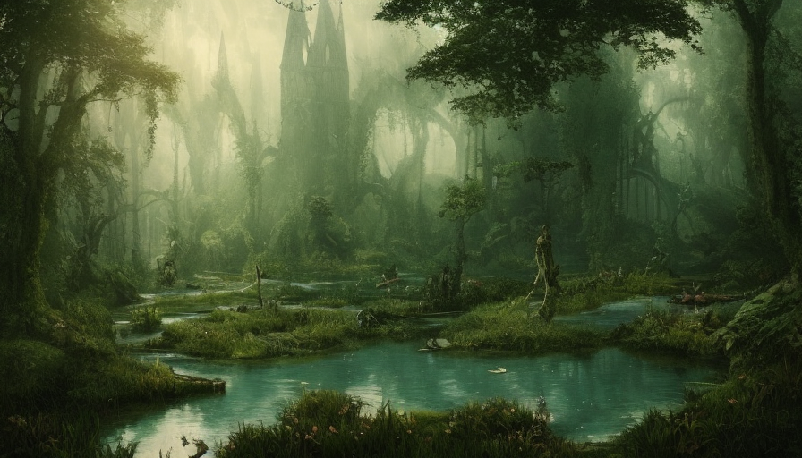 A huge magical pond surrounded by a dense forest, Highly Detailed, Intricate, Artstation, Gothic and Fantasy, Vintage Illustration, Digital Painting, Matte Painting, D&D, Hearthstone, Sharp Focus, Concept Art, Elegant