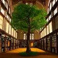 A beautiful tall tree growing in the middle of an ancient victorian library indoors, 4k, Trending on Artstation, Photo Realistic, Concept Art by Albert Bierstadt