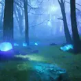 Glowing blue gemstone in a fantasy forest at night, 4k, HQ, Intricate, Masterpiece, Artstation, Cinematic Lighting, Photo Realistic, Sharp Focus, Unreal Engine, Dark