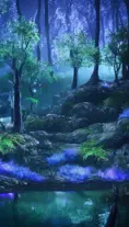 A magical pond in a fantasy forest with glowing blue trees at night, 4k, HQ, Intricate, Masterpiece, Artstation, Cinematic Lighting, Photo Realistic, Sharp Focus, Unreal Engine, Dark
