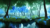 A magical pond in a fantasy forest with glowing blue trees at night, 4k, HQ, Intricate, Masterpiece, Artstation, Cinematic Lighting, Photo Realistic, Sharp Focus, Unreal Engine, Dark