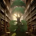 A beautiful giant tree growing in the middle of an ancient victorian library indoors. a door is embedded in the tree, 4k resolution, Hyper Detailed, Trending on Artstation, Volumetric Lighting, Concept Art, Digital Art, Fantasy, Dark by Greg Rutkowski