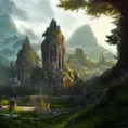 A beautiful and highly detailed oil painting of an elven temple in the mountains, detailed trees and grass, forgotten valley, wide shot, 4k resolution, Hyper Detailed, Trending on Artstation, Volumetric Lighting, Concept Art, Digital Art, Fantasy, Dark by Greg Rutkowski