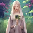 art of a medival girl, wearing tight simple medival clothes, holding a flower while sitting in a lush medow | | cute - fine - fine details, Trending on Artstation, Perfect Face, Soft Details, Symmetrical Face, Concept Art, Soft by Stanley Artgerm Lau, James Jean, Marc Simonetti, WLOP