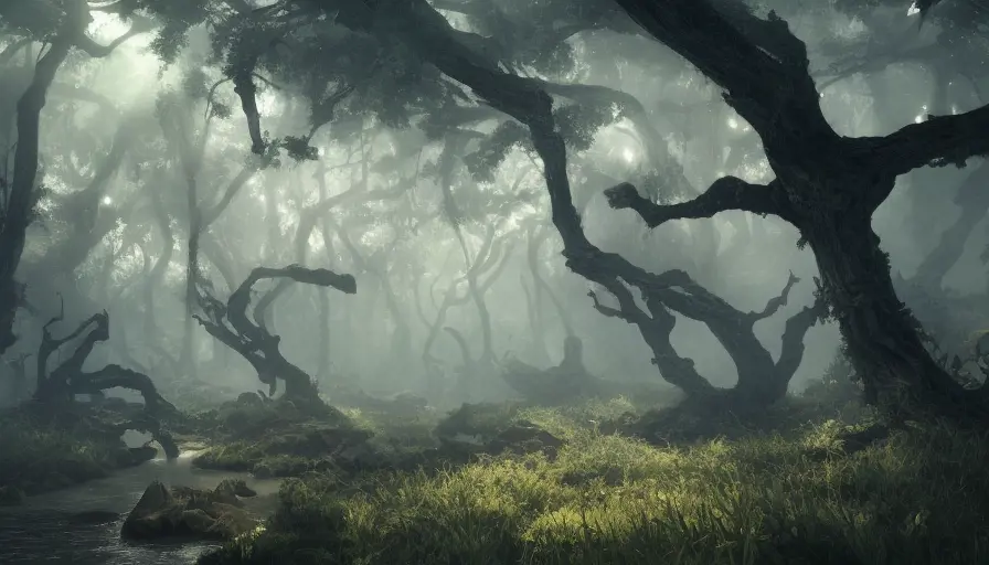 Forgotten forest of ancient Aztec, gloomy sparse forest surrounding blood rivers flowing through the beach in the style of kingdom hearts, Award-Winning, Highly Detailed, Pixiv, Trending on Artstation, Beautiful, Stunning, Cinematic Lighting, Realistic, Unreal Engine, Volumetric Lighting, Digital Art