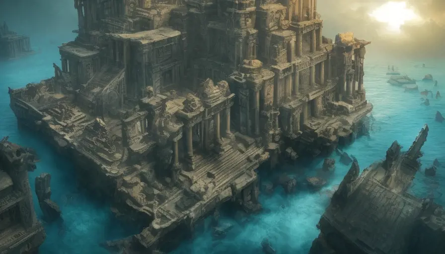 Forgotten lost city of Atlantis, Highly Detailed, Trending on Artstation, Beautiful, Stunning, Cinematic Lighting, Realistic, Unreal Engine, Volumetric Lighting, Digital Art