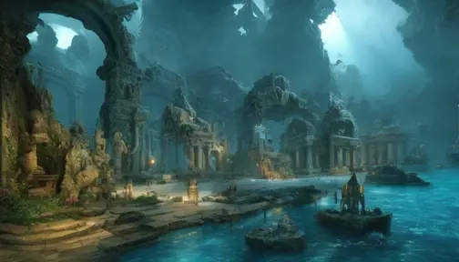 Forgotten lost city of Atlantis, Highly Detailed, Trending on Artstation, Beautiful, Stunning, Cinematic Lighting, Realistic, Unreal Engine, Volumetric Lighting, Digital Art