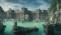 Matte portrait of a huge palace in the lost city of Atlantis, Highly Detailed, Beautiful, Stunning, Realistic, Volumetric Lighting, Vibrant Colors