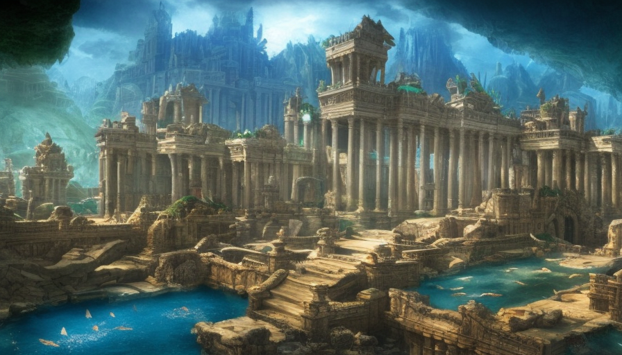 Matte portrait of a huge palace in the lost city of Atlantis, Highly Detailed, Beautiful, Stunning, Realistic, Volumetric Lighting, Vibrant Colors