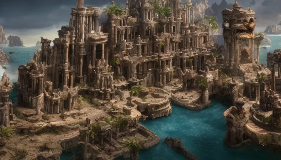 Matte portrait of undewater Lost city of Atlantis palaces, Highly Detailed, Beautiful, Stunning, Realistic, Octane Render, Unreal Engine, Volumetric Lighting, Vibrant Colors