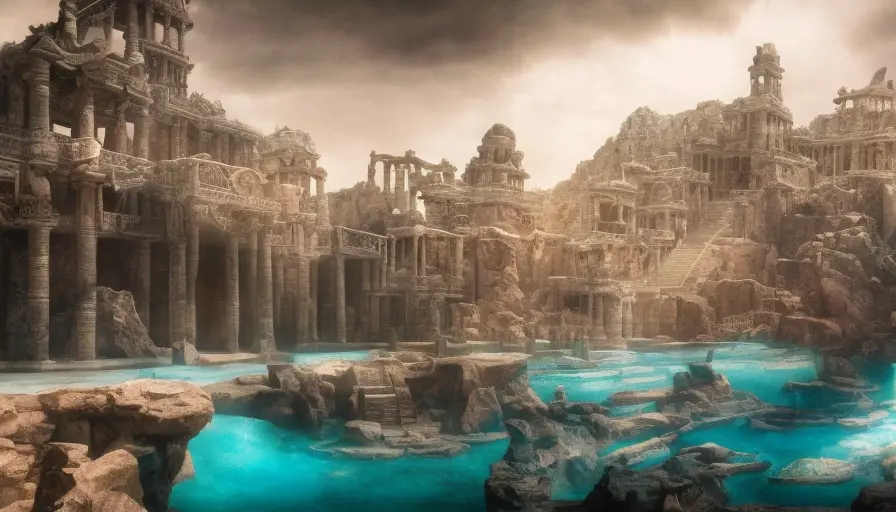Matte portrait of undewater Lost city of Atlantis palaces, Highly Detailed, Beautiful, Stunning, Realistic, Octane Render, Unreal Engine, Volumetric Lighting, Vibrant Colors