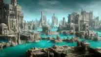 Matte portrait of a thriving undewater city of Atlantis, Highly Detailed, Beautiful, Stunning, Realistic, Octane Render, Unreal Engine, Volumetric Lighting, Vibrant Colors