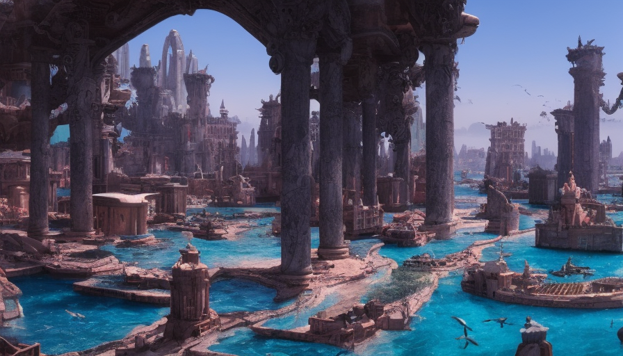 Matte portrait of a thriving undewater city of Atlantis, Highly Detailed, Beautiful, Stunning, Realistic, Octane Render, Unreal Engine, Volumetric Lighting, Vibrant Colors