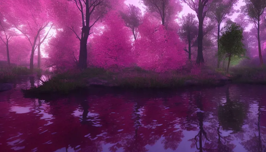 A magical pond in a fantasy forest with glowing pink trees at night, 4k, HQ, Intricate, Masterpiece, Artstation, Cinematic Lighting, Photo Realistic, Sharp Focus, Unreal Engine, Dark