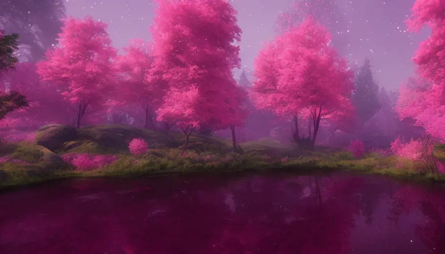 A magical pond in a fantasy forest with glowing pink trees at night, 4k, HQ, Intricate, Masterpiece, Artstation, Cinematic Lighting, Photo Realistic, Sharp Focus, Unreal Engine, Dark