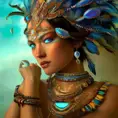 Visionary painting of a mystical tribal goddess surrounded by feathers and gemstones, 8k, Highly Detailed, Intricate, Artstation, Matte Painting, Sharp Focus, Vibrant Colors, Concept Art by Stanley Artgerm Lau, Greg Rutkowski
