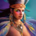 Visionary painting of a mystical tribal goddess surrounded by feathers and gemstones, 8k, Highly Detailed, Intricate, Artstation, Matte Painting, Sharp Focus, Vibrant Colors, Concept Art by Stanley Artgerm Lau, Greg Rutkowski
