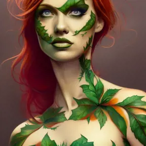Closeup matte portrait of a tattooed Poison Ivy, symmetrical face, 8k, Highly Detailed, Intricate, Artstation, Matte Painting, Sharp Focus, Concept Art by Stanley Artgerm Lau, Greg Rutkowski