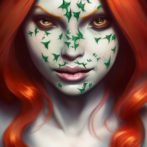 Closeup matte portrait of a tattooed Poison Ivy, symmetrical face, 8k, Highly Detailed, Intricate, Artstation, Matte Painting, Sharp Focus, Concept Art by Stanley Artgerm Lau, Greg Rutkowski