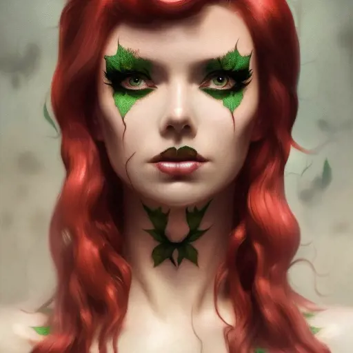 Closeup matte portrait of a tattooed Poison Ivy, symmetrical face, 8k, Highly Detailed, Intricate, Artstation, Sharp Focus, Volumetric Lighting, Concept Art by Stanley Artgerm Lau, Greg Rutkowski