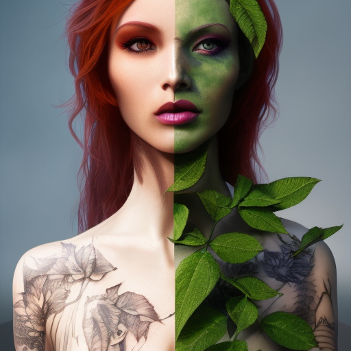 Closeup matte portrait of a tattooed Poison Ivy, symmetrical face, 8k, Highly Detailed, Intricate, Artstation, Sharp Focus, Volumetric Lighting, Concept Art by Stanley Artgerm Lau, Greg Rutkowski