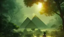 Beautiful landscape of egyptian pyramids in a lush green forest, surreal, dreamlike, lucid dream, 8k, Highly Detailed, Intricate, Artstation, Bokeh effect, Sharp Focus, Concept Art by Stanley Artgerm Lau, Greg Rutkowski