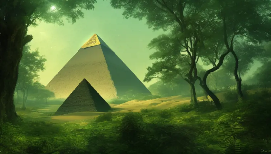 Beautiful landscape of egyptian pyramids in a lush green forest, surreal, dreamlike, lucid dream, 8k, Highly Detailed, Intricate, Artstation, Bokeh effect, Sharp Focus, Concept Art by Stanley Artgerm Lau, Greg Rutkowski