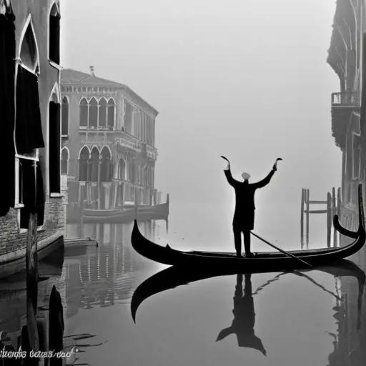 mysterious gondolier on the misty backwaters of historic venice, 4k, Atmospheric, Dystopian, Foreboding, High Definition, Gothic and Fantasy, Spooky, Southern Gothic, Black and White by Gertrude Abercrombie