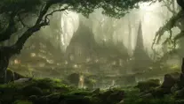 Beautiful matte painting of an overgrown elven forest temple in the misty mountains,, 8k, Hyper Detailed, Intricate, Sharp Focus, Volumetric Lighting, Concept Art, Fantasy by Stanley Artgerm Lau