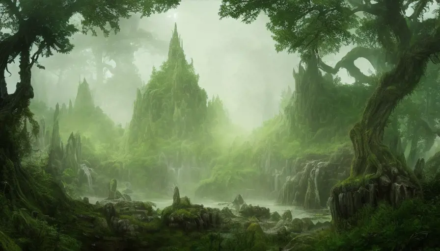 Beautiful matte painting of an overgrown elven forest temple in the misty mountains,, 8k, Hyper Detailed, Intricate, Sharp Focus, Volumetric Lighting, Concept Art, Fantasy by Stanley Artgerm Lau