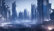 Realistic landscape of a futuristic city, 8k, Octane Render, Unreal Engine, Volumetric Lighting