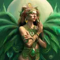 Visionary painting of an alluring mystical tribal goddess surrounded by feathers and emerald gemstones, 8k, Highly Detailed, Intricate, Artstation, Matte Painting, Sharp Focus, Volumetric Lighting, Concept Art by Stanley Artgerm Lau, Greg Rutkowski