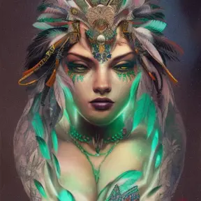 Visionary painting of a mystical alluring tattooed tribal goddess surrounded by feathers and emerald gemstones, 8k, Highly Detailed, Intricate, Artstation, Matte Painting, Sharp Focus, Volumetric Lighting, Concept Art by Stanley Artgerm Lau, Greg Rutkowski