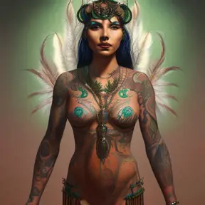 Visionary painting of a mystical tattooed tribal goddess surrounded by feathers wearing a leather emerald gemstone dress, 8k, Highly Detailed, Intricate, Artstation, Matte Painting, Sharp Focus, Volumetric Lighting, Concept Art by Stanley Artgerm Lau, Greg Rutkowski