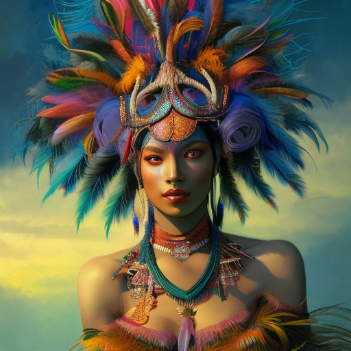 Visionary painting of a mystical tribal goddess surrounded by vibrant feathers, 8k, Highly Detailed, Intricate, Artstation, Matte Painting, Sharp Focus, Volumetric Lighting, Concept Art by Stanley Artgerm Lau, Greg Rutkowski