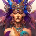 Closeup of a mystical tribal goddess surrounded by vibrant feathers and gemstones, 8k, Highly Detailed, Intricate, Artstation, Matte Painting, Sharp Focus, Volumetric Lighting, Concept Art by Stanley Artgerm Lau, Greg Rutkowski