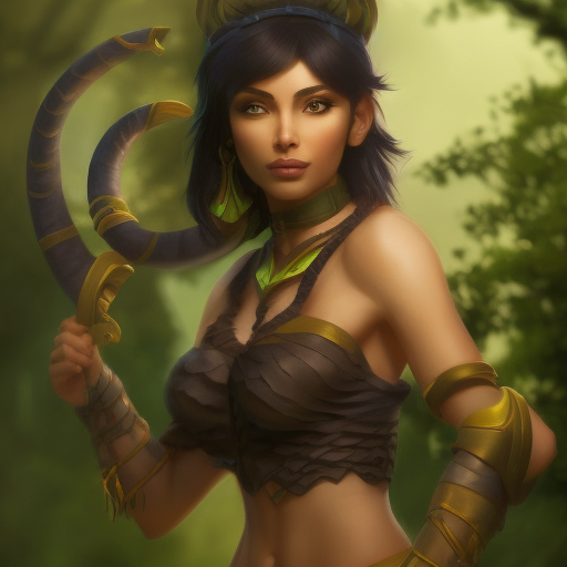 Alluring matte portrait of a beautiful Nidalee in the style of Stefan Kostic, 8k, Highly Detailed, Intricate, Half Body, Realistic, Sharp Focus, Volumetric Lighting, Fantasy, Elegant by Stanley Artgerm Lau
