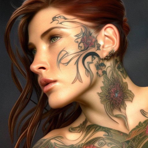 Alluring matte portrait of a beautiful tattooed Sarah Kerrigan, 8k, Highly Detailed, Intricate, Half Body, Realistic, Sharp Focus, Volumetric Lighting, Fantasy, Elegant by Alphonse Mucha