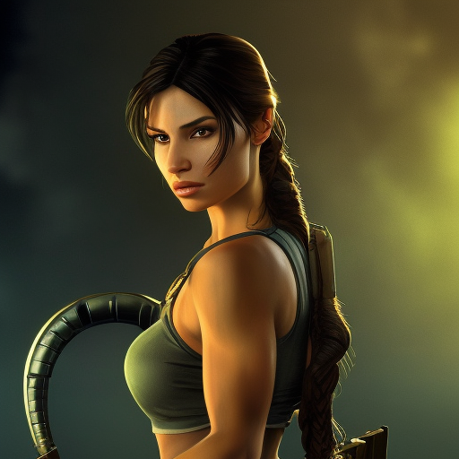 Alluring matte portrait of a beautiful Lara Croft, 8k, Highly Detailed, Intricate, Half Body, Realistic, Sharp Focus, Volumetric Lighting, Fantasy, Elegant by Alphonse Mucha