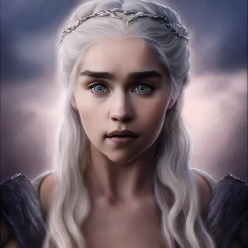 Alluring matte portrait of a beautiful Daenerys Targaryen, 8k, Highly Detailed, Intricate, Half Body, Realistic, Sharp Focus, Volumetric Lighting, Fantasy, Elegant by Alphonse Mucha