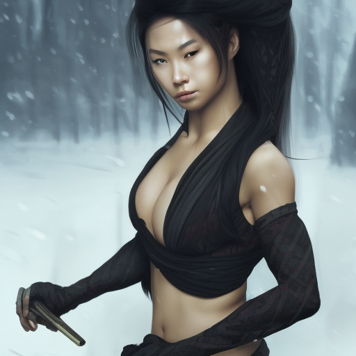 Alluring matte portrait of a beautiful female ninja assassin, 8k, Highly Detailed, Intricate, Half Body, Realistic, Sharp Focus, Volumetric Lighting, Fantasy, Elegant by Alphonse Mucha
