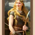 Alluring matte portrait of a beautiful female Viking, 8k, Highly Detailed, Intricate, Half Body, Realistic, Sharp Focus, Volumetric Lighting, Fantasy, Elegant by Alphonse Mucha