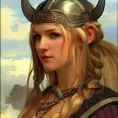 Alluring matte portrait of a beautiful female Viking, 8k, Highly Detailed, Intricate, Half Body, Realistic, Sharp Focus, Volumetric Lighting, Fantasy, Elegant by Alphonse Mucha