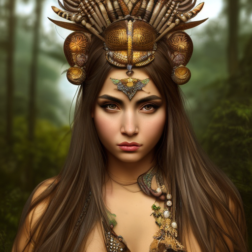 Alluring matte portrait of a beautiful female tribal goddess, 8k, Highly Detailed, Intricate, Half Body, Realistic, Sharp Focus, Volumetric Lighting, Fantasy, Elegant by Alphonse Mucha