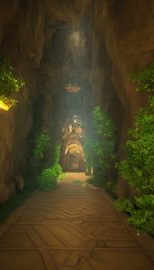 Arc hallway for secret overwatch habitation quarters carved inside a cave surrounding a lush garden, 8k, Trending on Artstation, Sharp Focus, Unreal Engine, Volumetric Lighting, Concept Art
